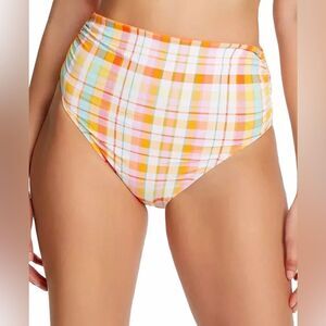 BLEU ROD BEATTIE High Waisted Pastel Plaid Bikini Bottom Ruched Retro Size 6 New